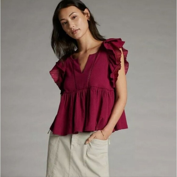 By Anthropolgie Caroline Raspberry Babydoll Blouse Ruffled Flounce sleev… - Picture 14 of 14